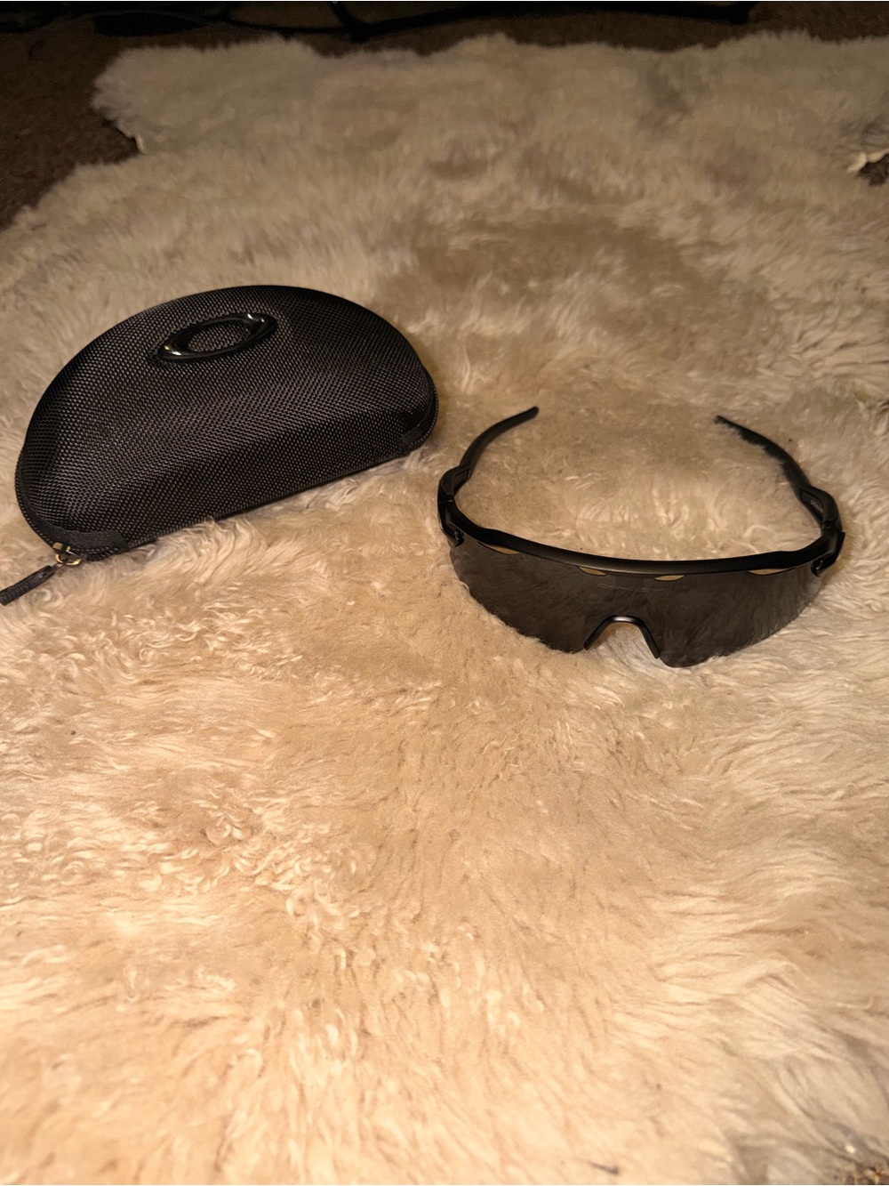Oakley Men’s Black Shield Sunglasses with Dark Lenses and Black Case